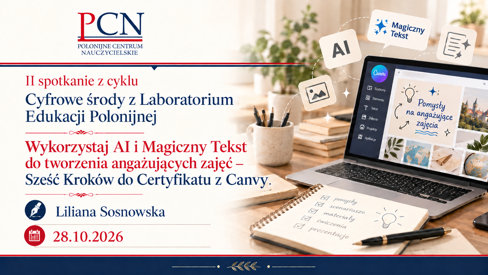 Cyfrowe środy z Laboratorium Edukacji Polonijnej (LEP):  AI I TIK w szkole polonijnej.  2. Cyfrowa magia na lekcji: Wykorzystaj AI i Magiczny Tekst do tworzenia angażujących zajęć - Sześć Kroków do Certyfikatu z Canvy. 